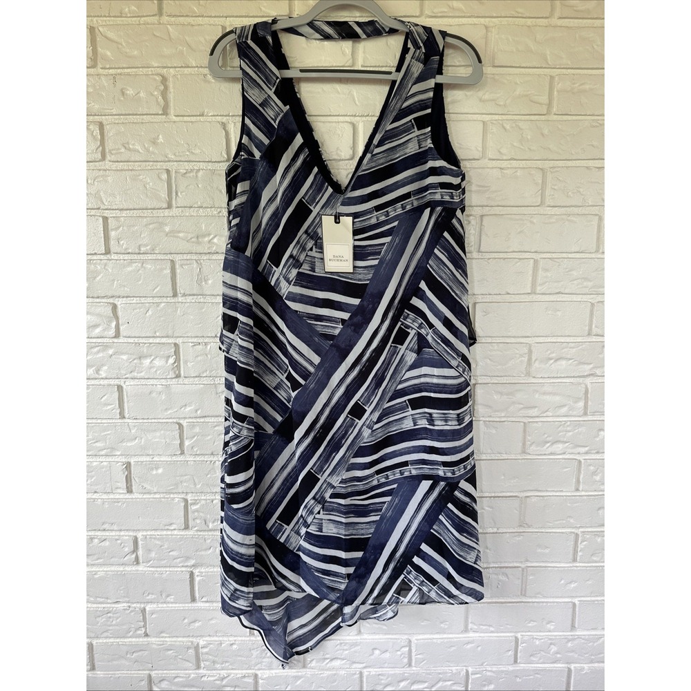 Dana Buchman Women's Sheer Lined Asymmetrical Dress Navy White - Size 8 NWT